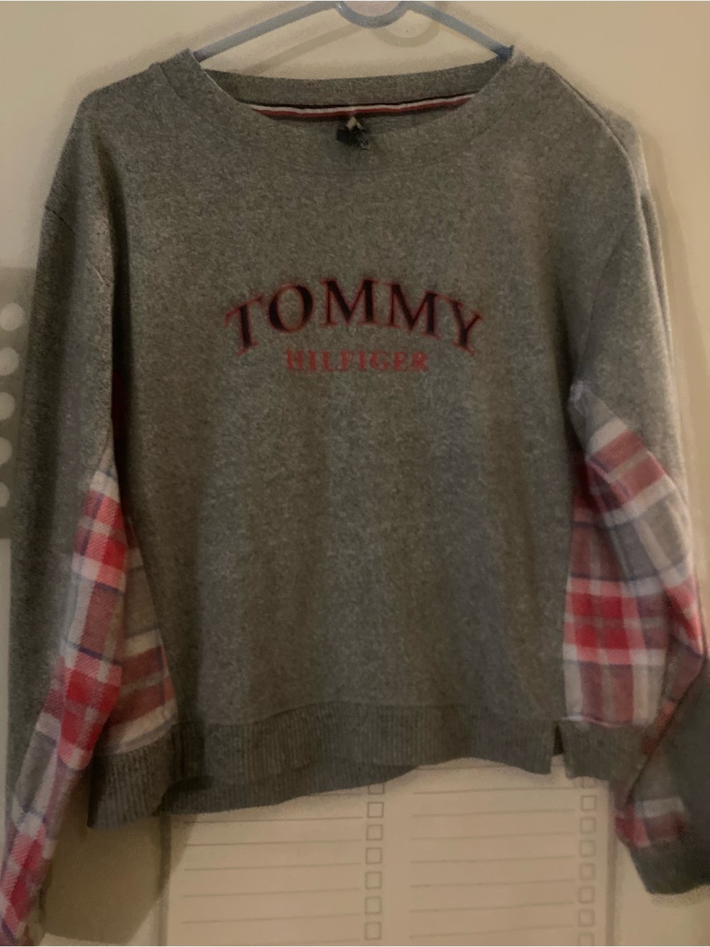 Tommy Hilfiger Heather Gray Crewneck Sweater with Pink Plaid Sleeves